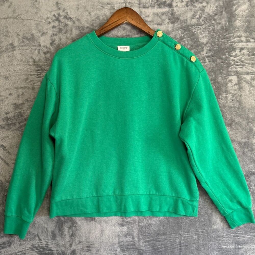 J.Crew Kelly Green Shoulder Button Sweatshirt Pullover Gold Buttons Preppy M